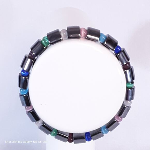 Gun Metal Stretch Bracelet With Multicolor Tiger's Eye Beads - Picture 4 of 7